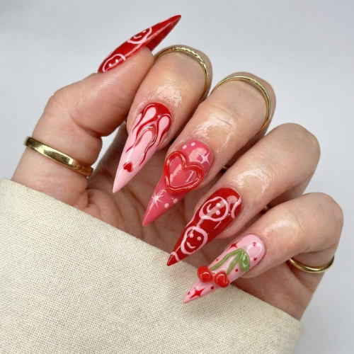 Press On Nails Adhesive Tabs with Red Cherry & Heart Swirl Art Design. Handmade Long Stiletto Fake Nails for Valentine Aesthetic or Romantic Statement Look | OB02LN