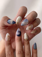 3D Flower Ocean Gold Chrome Press on Nails - Reusable Handmade Fake Nails M88
