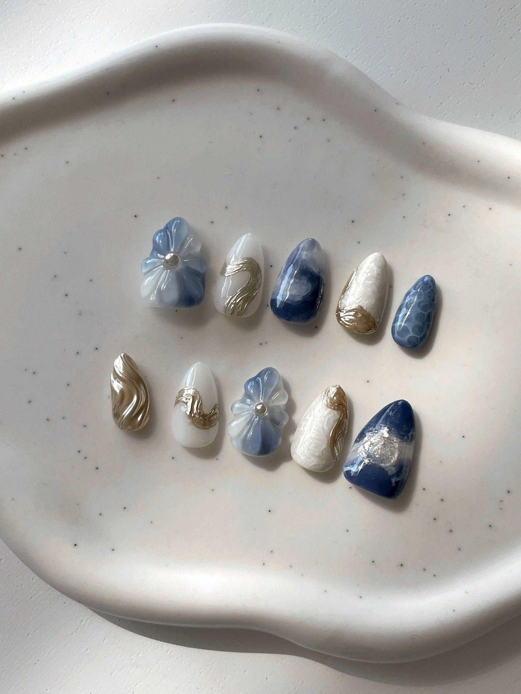 3D Flower Ocean Gold Chrome Press on Nails - Reusable Handmade Fake Nails M88