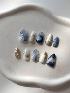 3D Flower Ocean Gold Chrome Press on Nails - Reusable Handmade Fake Nails M88
