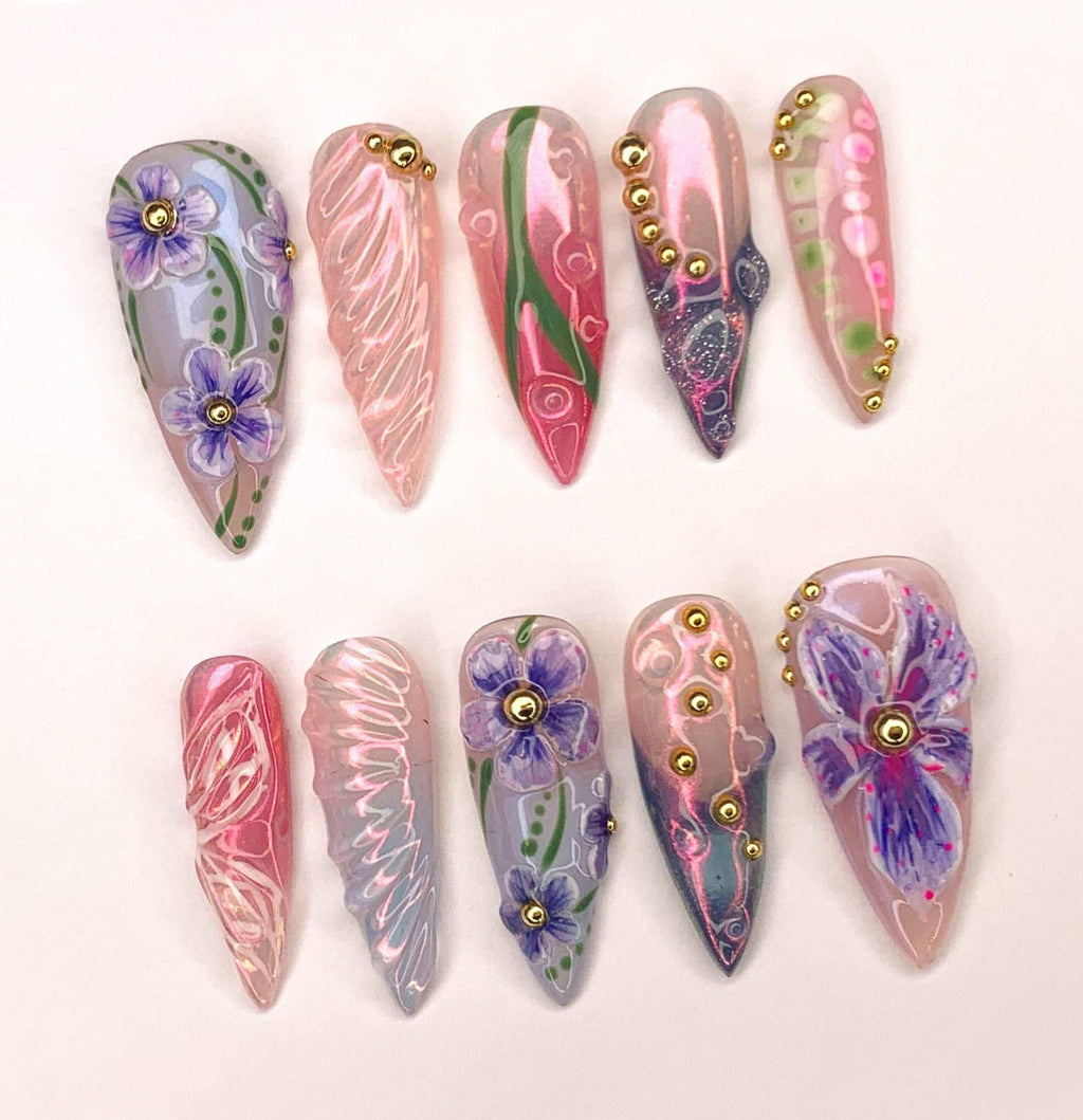 Handmade Butterfly Floral Spring and Summer Press On Nails W47