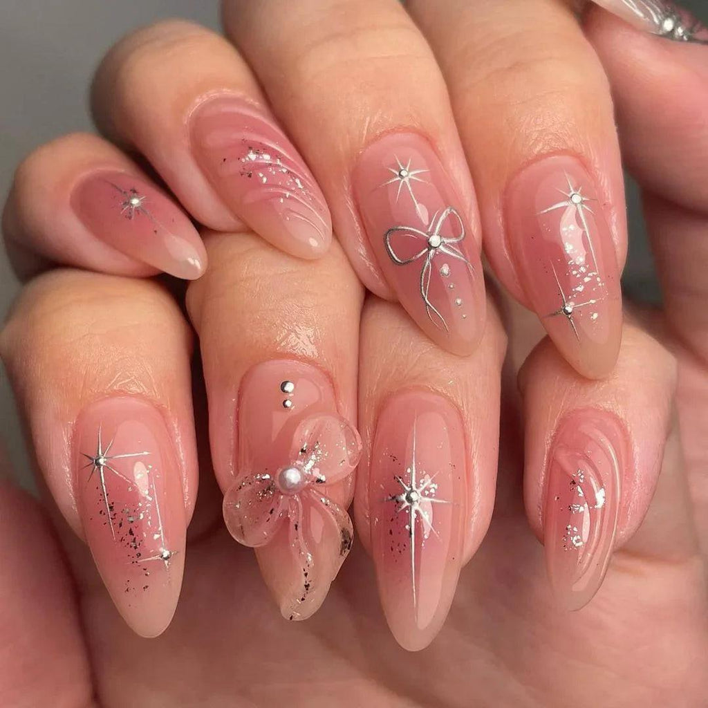 Handmade 3D Silver Star Butterfly Ombre Press on Nails - Simple Pink Design G48