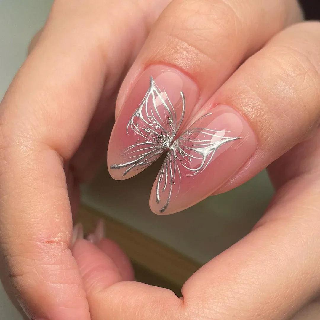 Handmade 3D Silver Star Butterfly Ombre Press on Nails - Simple Pink Design G48
