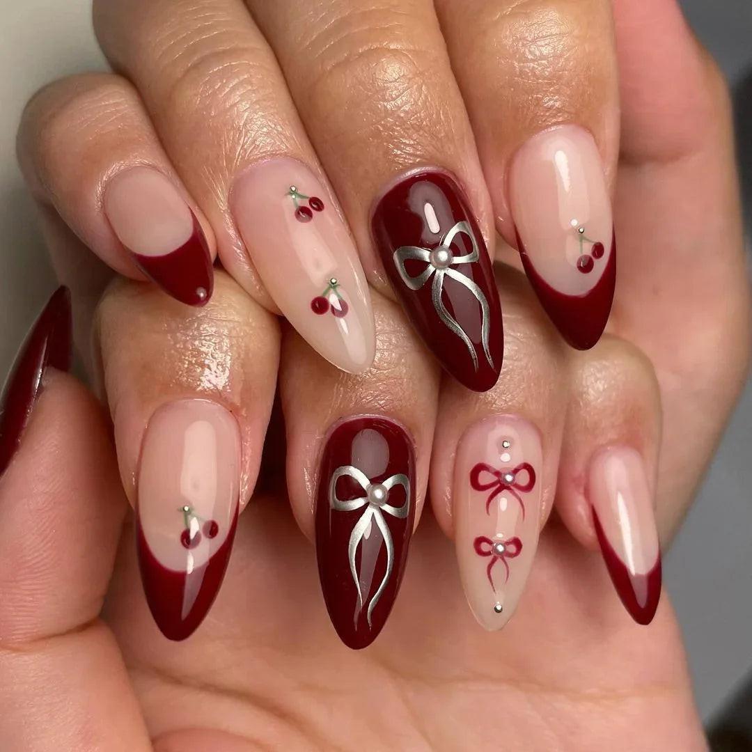 Cherry French Pearl Bow Press on Nails - Silver and Red Design Q44