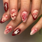 Bunny Hear Cherry Bow Fake Nails - Red. White and Silver Design W40