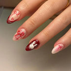 Bunny Hear Cherry Bow Fake Nails - Red. White and Silver Design W40