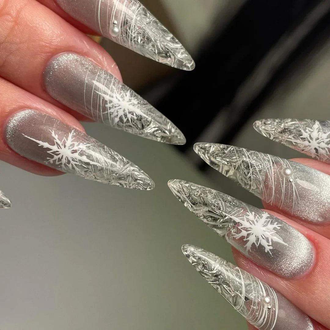 Custom Snowflake Ice Clear Glass Winter Reusable Press on Nails S15