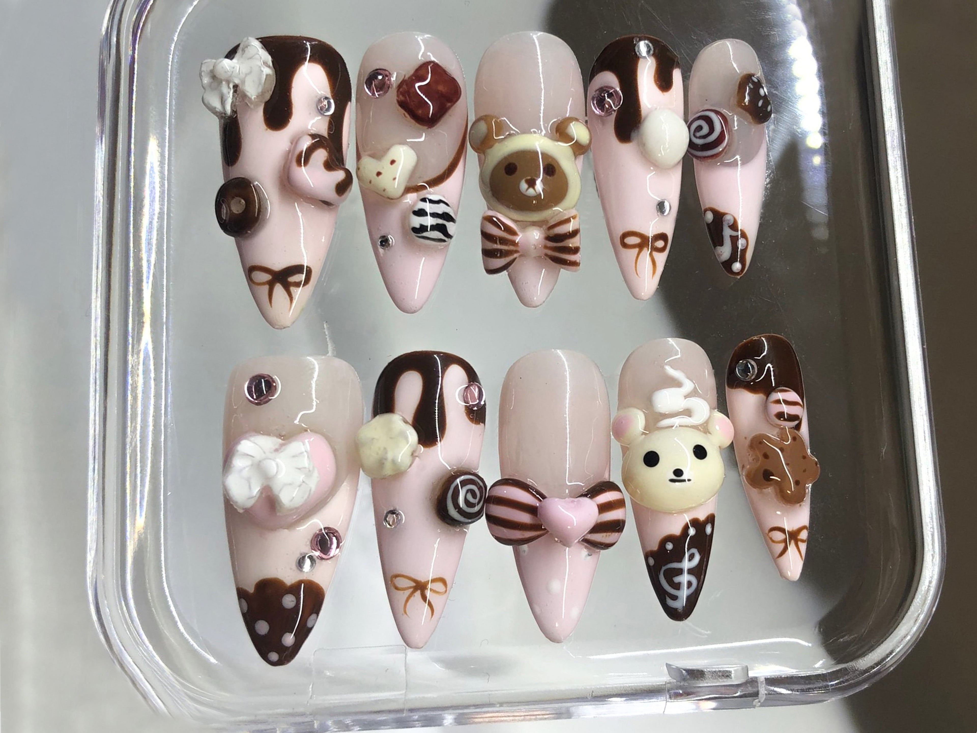 Cute Dessert Press On Nails | 3D Sweets And Bear Designs with Bow Fake Nails | 3D Chocolate. Candy Acrylic Nails | Kawaii Nails | OB549Y