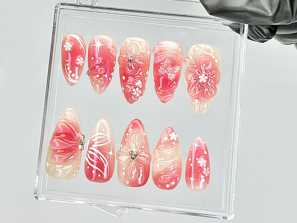 Blossom Spring Press On Nails By DoryNails |Sakura Pink Spring Fake Nails |Romantic Floral Acrylic Nails | Spring Inspired Nail Art |OB813YT