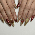 Press On Nails Adhesive Tabs – Nude Burgundy Gold Heart & Rose Chrome Long Stiletto Handmade Fake Nails for Luxury Romantic Look | OB25L