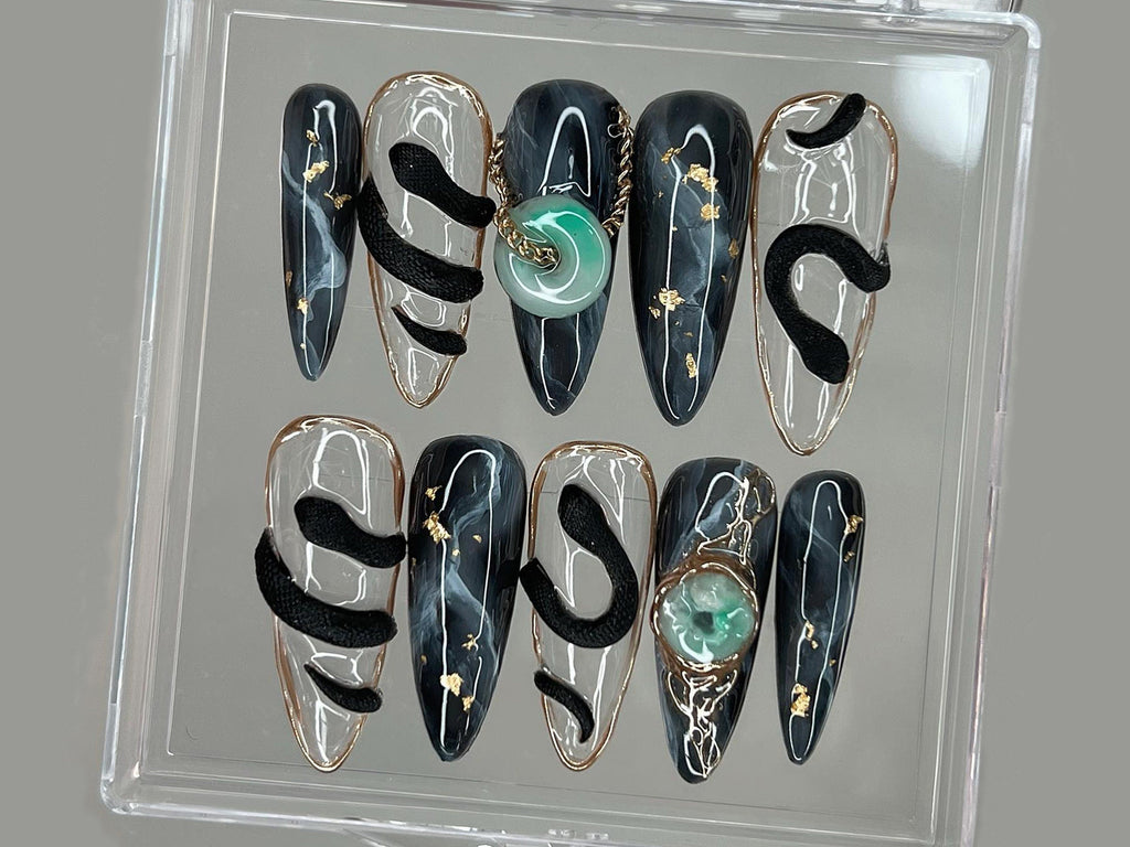 Stunning Press On Nails Almond | Nail Set With Jade Elegance | 3D Black Serpent Design | Luxury Nail Art | Goth. Gothic. Y2K Nails | OB250