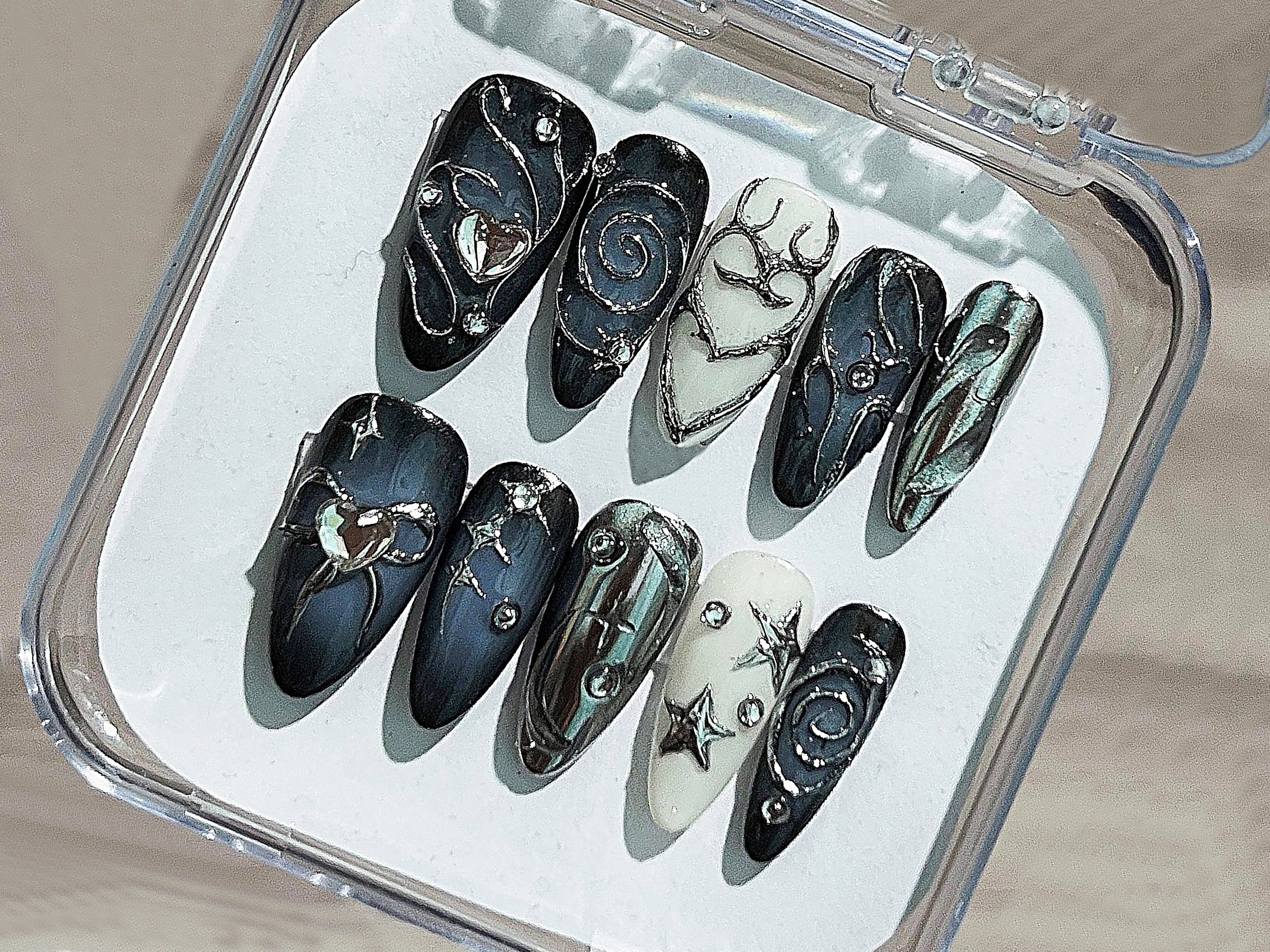 Stunning Acubi-Style Nails | Deep Blue Ombre Press On Nails | Sparkling Gemstones | Almond Nails | OB208