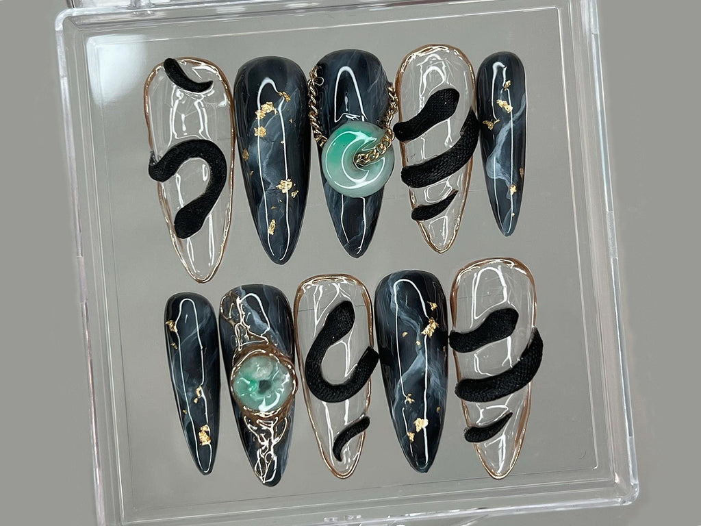 Stunning Press On Nails Almond | Nail Set With Jade Elegance | 3D Black Serpent Design | Luxury Nail Art | Goth. Gothic. Y2K Nails | OB250