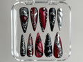 Gothic Chrome Press On Nails | Deep Red & Black 3D Design | Metallic Silver Accents | Spiky Statement Fake Nails | OC560BK