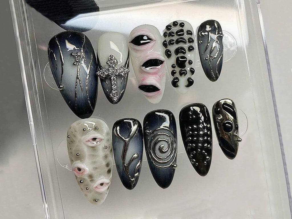 Cool Gothic-inspired Press On Nails | Goth Dark Blue Almond Nails | 3D Gel Nail with Eye Motif | Halloween Handpainted Mysterious | OB302A