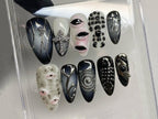 Cool Gothic-inspired Press On Nails | Goth Dark Blue Almond Nails | 3D Gel Nail with Eye Motif | Halloween Handpainted Mysterious | OB302A