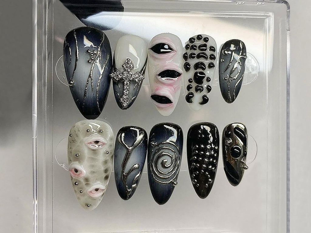 Cool Gothic-inspired Press On Nails | Goth Dark Blue Almond Nails | 3D Gel Nail with Eye Motif | Halloween Handpainted Mysterious | OB302A