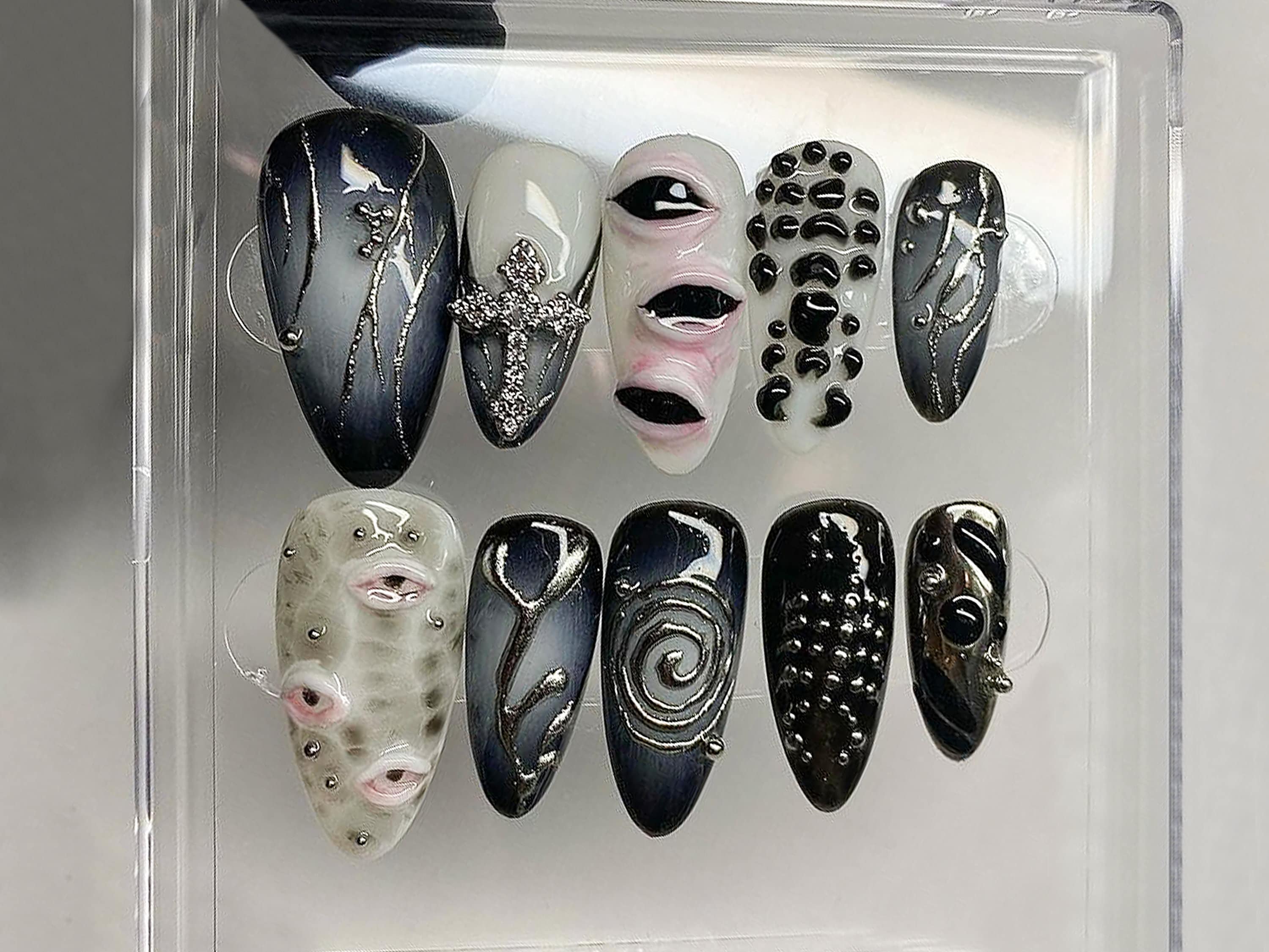 Cool Gothic-inspired Press On Nails | Goth Dark Blue Almond Nails | 3D Gel Nail with Eye Motif | Halloween Handpainted Mysterious | OB302A