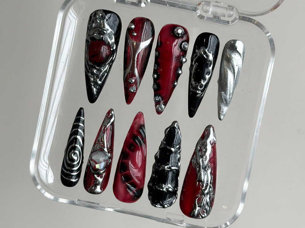Hand-Painted Free-Style Press On Nails | Silver Metallic Crystal Long Stiletto | Custom Chrome Fake Nails | Y2K. Goth. Gothic Nails |OB295T