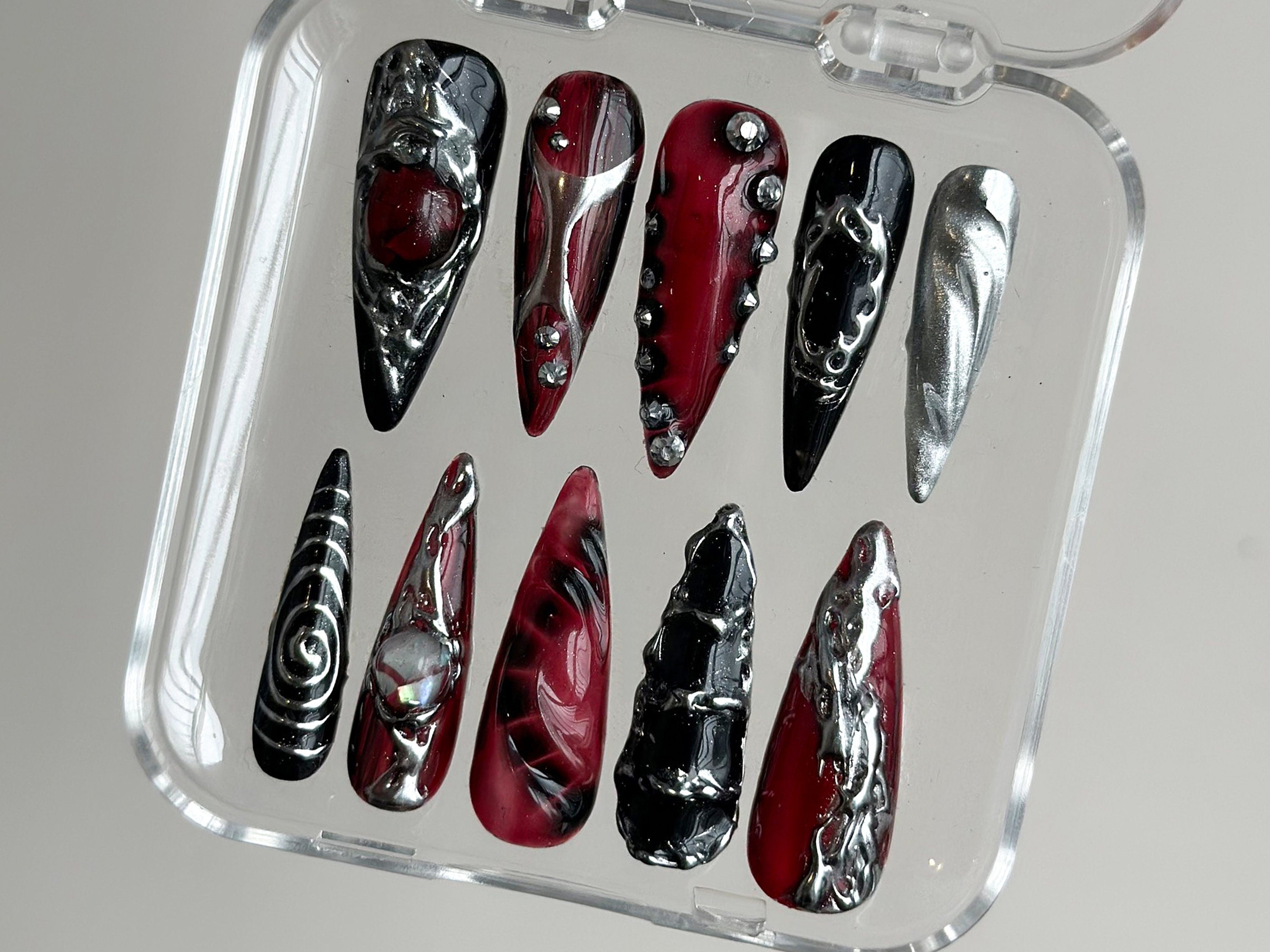 Hand-Painted Free-Style Press On Nails | Silver Metallic Crystal Long Stiletto | Custom Chrome Fake Nails | Y2K. Goth. Gothic Nails |OB295T