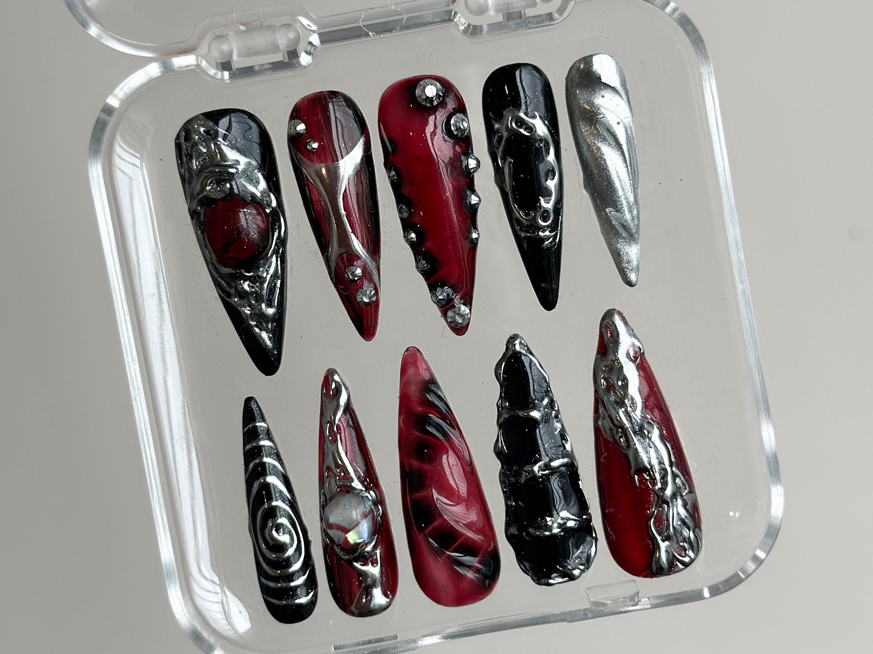 Gothic Chrome Press On Nails | Deep Red & Black 3D Design | Metallic Silver Accents | Spiky Statement Fake Nails | OC560BK