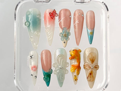 3D Orchard Floral Press On Nails Long Almond | Flowers Custom Hanpainted Nail Art | Fairy Tale Inspired Fake Nails | Fairycore Nails| OB326A