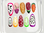 Fruit-themed Press On Nails for a Splash of Color | Tropical Delight On Fake nails | Vibrant Fruit Delight Nail Art | Acrylic Nails | OB360T