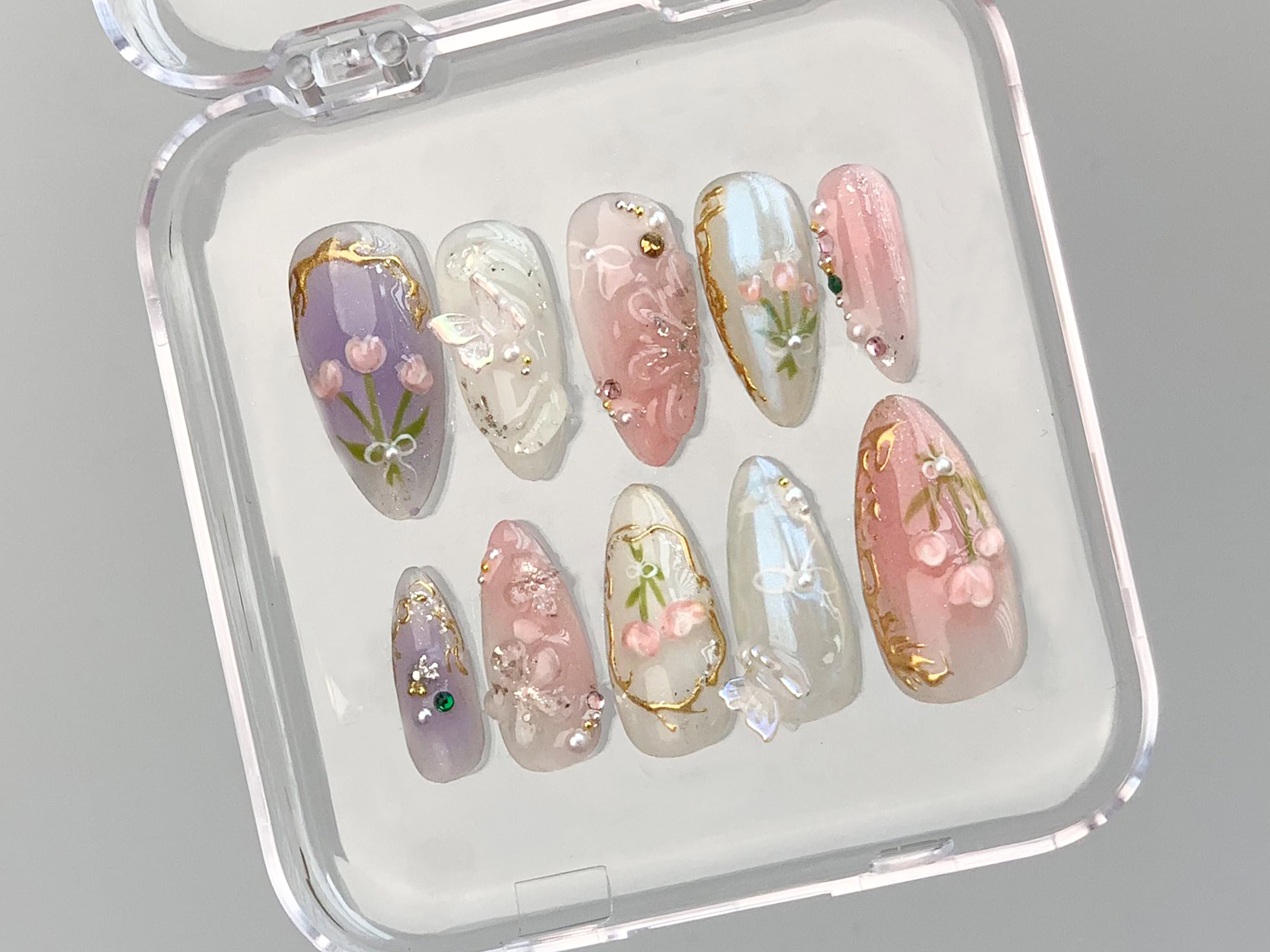 Dreamy Press On Nails Almond | Jelly Pastel Tulip Nail Art | 3D FairyCore Flower Press Ons | Romantic Nail Art in Fake Nails | OB347T