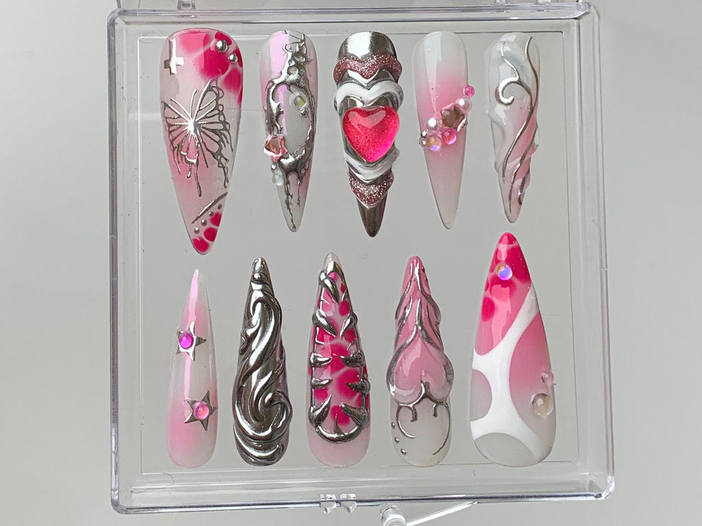 Pink Heart  Press On Nails | gel nail art | Get Nostalgic with Y2K-Inspired Press On Nails | pink press on nails | Nail Art | OB323