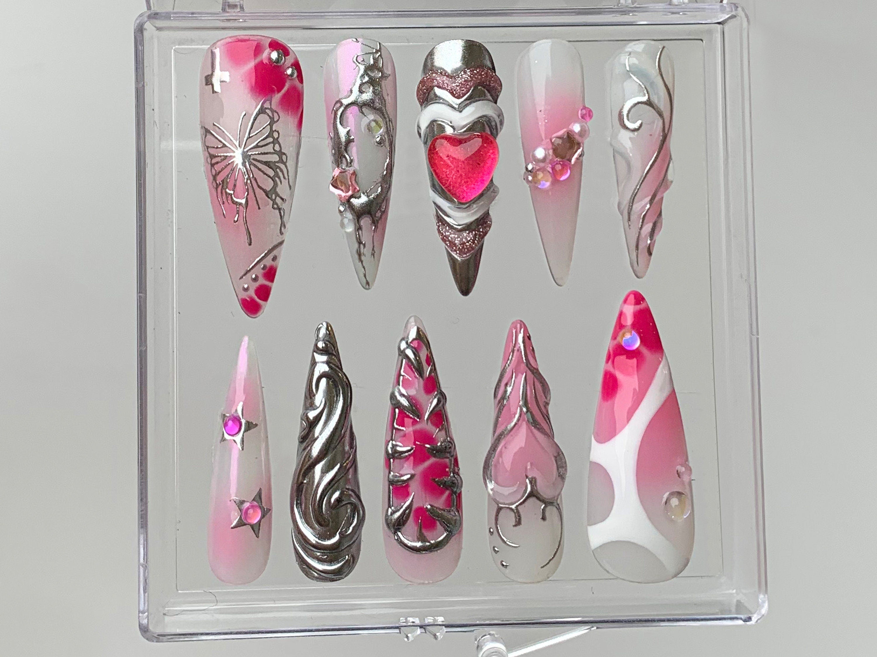 Pink Heart  Press On Nails | gel nail art | Get Nostalgic with Y2K-Inspired Press On Nails | pink press on nails | Nail Art | OB323