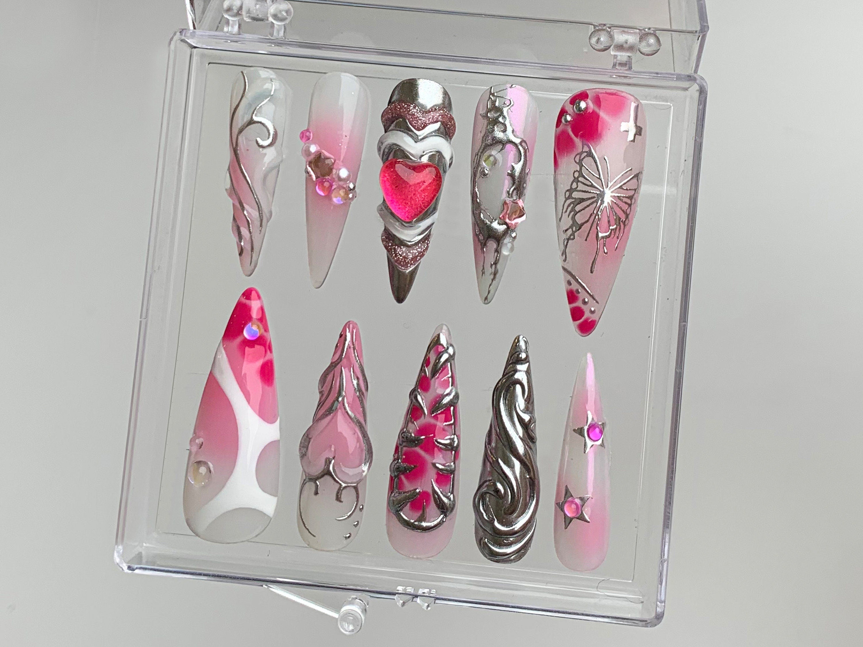 Pink Heart  Press On Nails | gel nail art | Get Nostalgic with Y2K-Inspired Press On Nails | pink press on nails | Nail Art | OB323