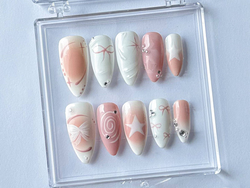 Pearly Pink Press On Nails | Cute bow on Fake Nails | Y2K Inspired 3D Gel Nail | Handmade 3D Gel Nails | Y2k Nails| Gift for her| OB301T