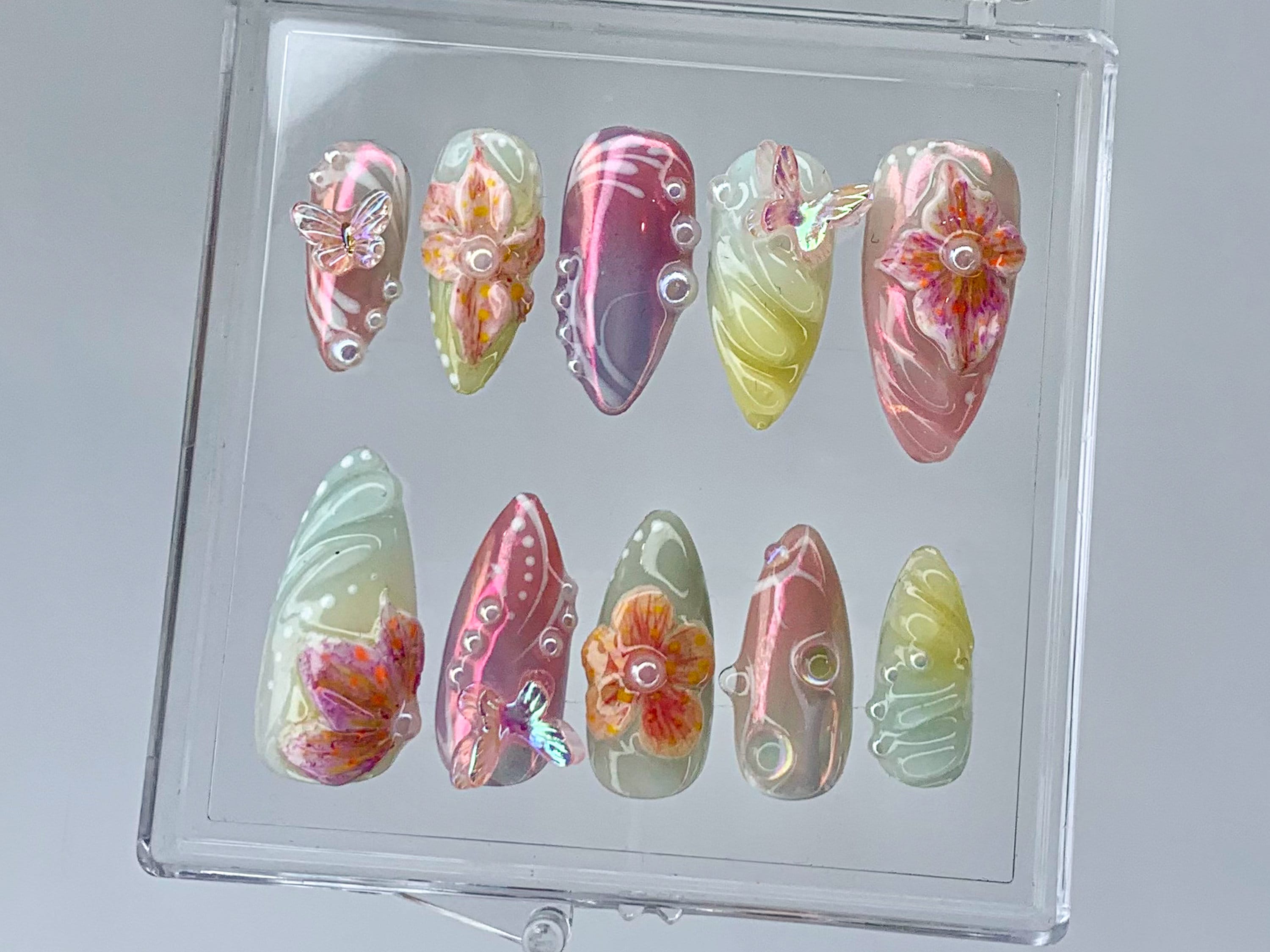 Secret Garden Long Almond Press On Nails | Stunning 3D Floral On Fake Nails | Custom 3D Butterfly Nail Art|Nail Charms. gyaru nails |OB399TK
