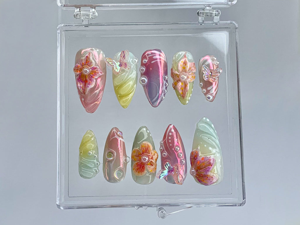 Secret Garden Long Almond Press On Nails | Stunning 3D Floral On Fake Nails | Custom 3D Butterfly Nail Art|Nail Charms. gyaru nails |OB399TK