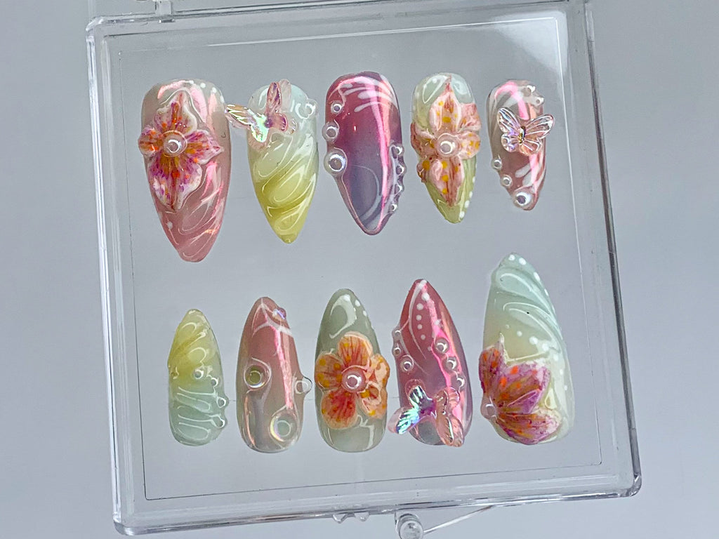 Secret Garden Long Almond Press On Nails | Stunning 3D Floral On Fake Nails | Custom 3D Butterfly Nail Art|Nail Charms. gyaru nails |OB399TK