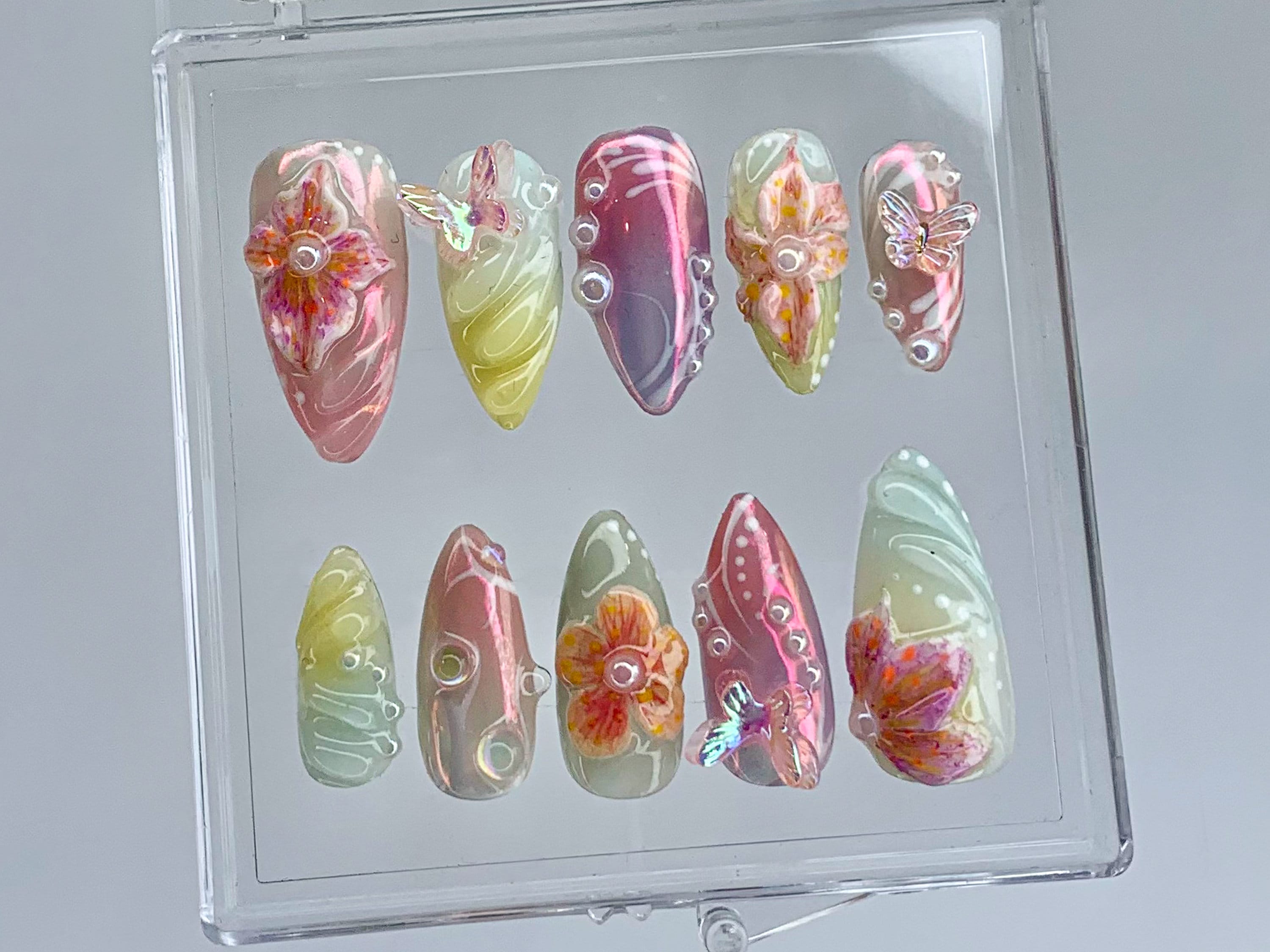 Secret Garden Long Almond Press On Nails | Stunning 3D Floral On Fake Nails | Custom 3D Butterfly Nail Art|Nail Charms. gyaru nails |OB399TK