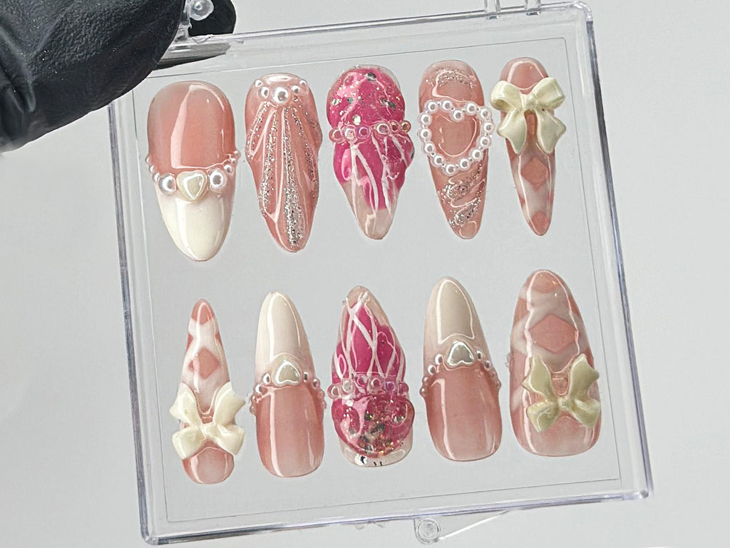 Romantic Bows Press On Nails | Custom Pearl and Glitter Patterns On Fake Nails | French Tip Nail Art | Cute Jellyfish Gyaru Nails | OB410T