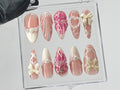 Romantic Bows Press On Nails | Custom Pearl and Glitter Patterns On Fake Nails | French Tip Nail Art | Cute Jellyfish Gyaru Nails | OB410T