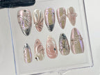 Pink 3D Gel Raised Press On Nail | Fluttery Butterfly Nail Art | Y2K Style Nails | Secret Garden Flower Nails | Silver Fake Nails | OB412Y