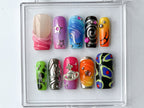 Vibrant Handcrafted Press On Nails | Colorful. Artistic Fake Nails | Globe charms on Acrylic Nails | Trendy and Unique Nail Art | OB376T
