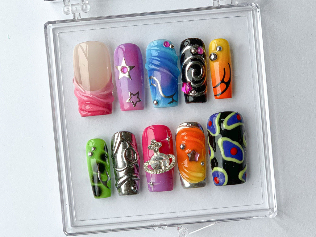 Vibrant Handcrafted Press On Nails | Colorful. Artistic Fake Nails | Globe charms on Acrylic Nails | Trendy and Unique Nail Art | OB376T