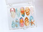 Tropical Beach 3D Press On Nails | Ocean-Inspired Designs with Flowers. Seashells. and Starfish | Handmade Press On Nails | OB421SL