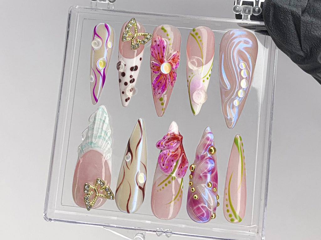 Luxurious butterfly Press On Nails | Stunning 3D Floral On Fake Nails | French Tips Nail Art | Nail Charms. gyaru nails | press ons| OB429TK