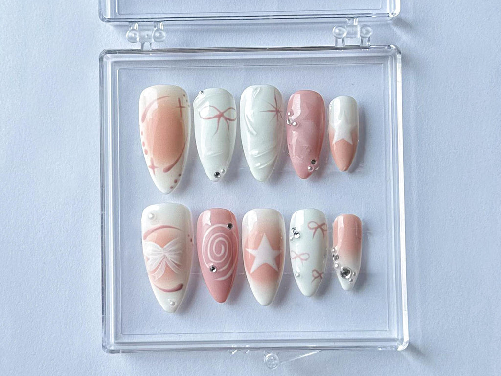 Pearly Pink Press On Nails | Cute bow on Fake Nails | Y2K Inspired 3D Gel Nail | Handmade 3D Gel Nails | Y2k Nails| Gift for her| OB301T