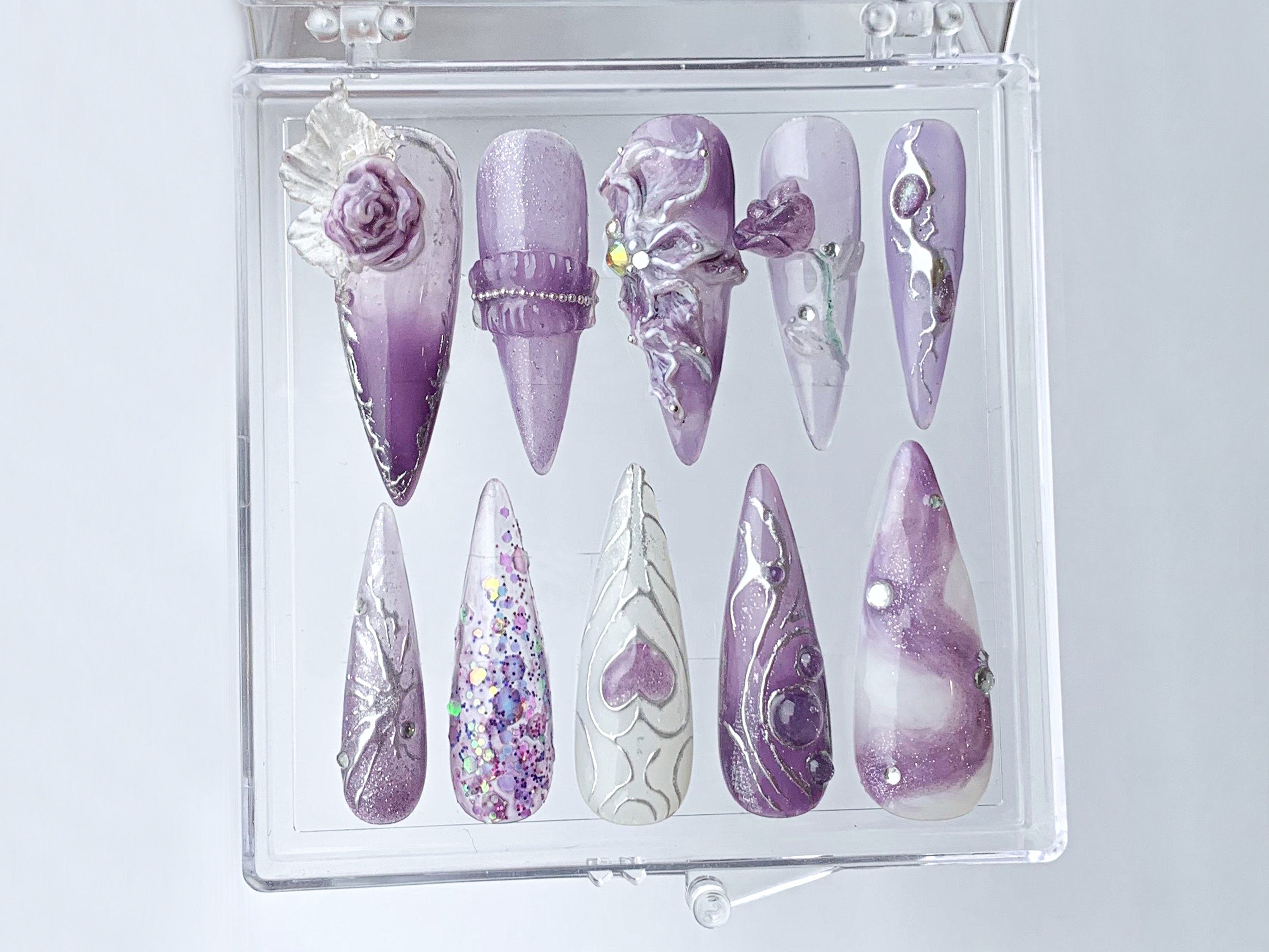 Free-Style Almond Press On Nails | Rosy Purple Press Ons | heart patterns nail art | Floral Violet On Fake Nails | Nail charms | OB345TC