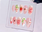 Sweet Strawberry Charm Press On Nail | Pink Bows and Flowers Nail | Floral Strawberry | Delicate Pink Floral | Y2K White Star Nail | OB433YL