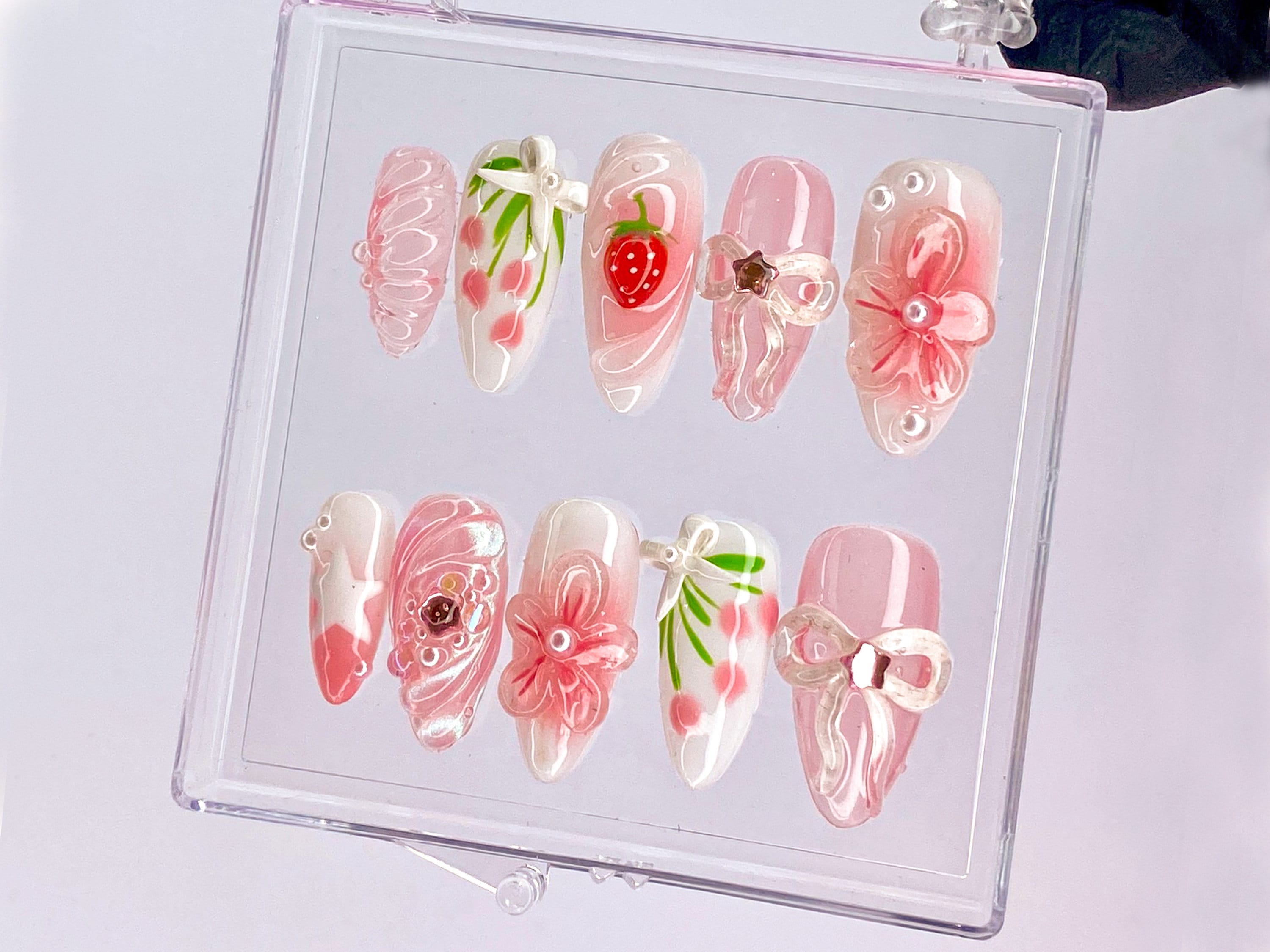 Sweet Strawberry Charm Press On Nail | Pink Bows and Flowers Nail | Floral Strawberry | Delicate Pink Floral | Y2K White Star Nail | OB433YL