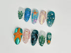 3D Tropical Beach Press On Nails | Ocean-Themed with Seaweed. Seashells. and Starfish | Handmade Press On Nails | OB316SL
