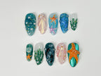 3D Tropical Beach Press On Nails | Ocean-Themed with Seaweed. Seashells. and Starfish | Handmade Press On Nails | OB316SL
