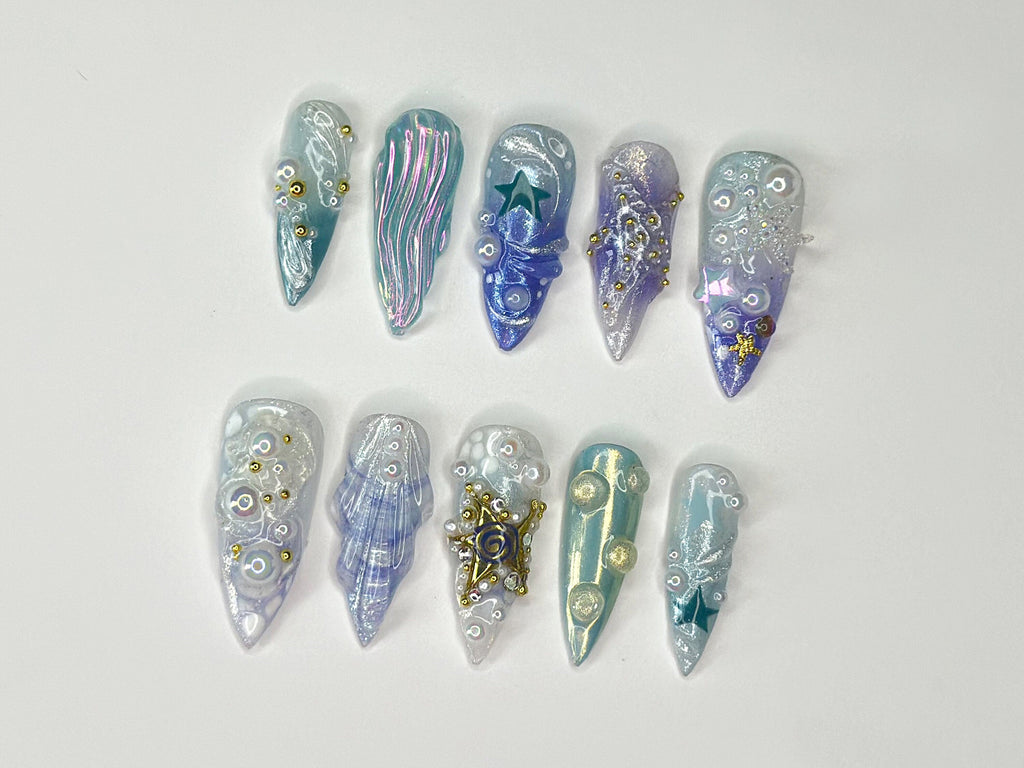 3D Tropical Beach Press On Nails | Ocean-Themed with Seaweed. Seashells. and Starfish | Handmade Press On Nails | OC328SL